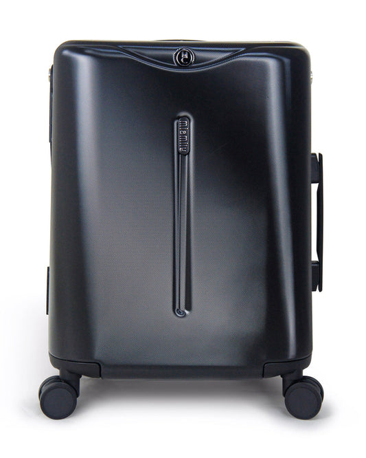 Miamily Midnight Black Ride On Trolley Carry On Luggage-Swiss Design-with 3 Digit Lock and Built in Seat for Kids & Adults