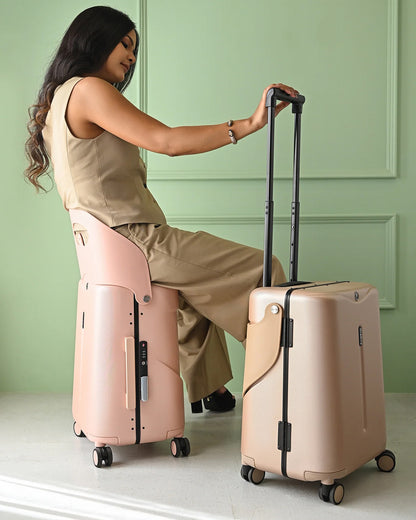 Miamily Dusky Pink Ride On Trolley Carry On Luggage-Swiss Design-with 3 Digit Lock and Built in Seat for Kids & Adults