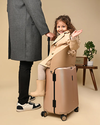 Miamily Champagne Gold Ride On Trolley Carry On Luggage-Swiss Design-with 3 Digit Lock and Built in Seat for Kids & Adults