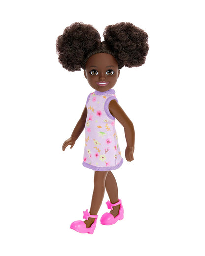Barbie Chelsea Doll Wearing Removable Purple Floral Dress with Space Buns-Promotes Role Play-Doll & Doll Houses-12M+
