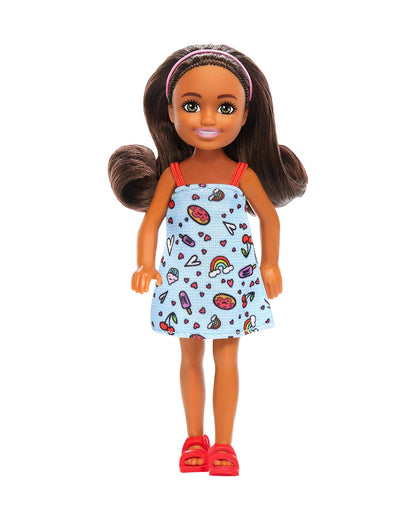 Barbie Chelsea Doll Wearing Removable Blue Dress with Colorful Print & Pink Shoes Brown Hair & Green Eyes-Promotes Role Play-Doll & Doll Houses-12M+