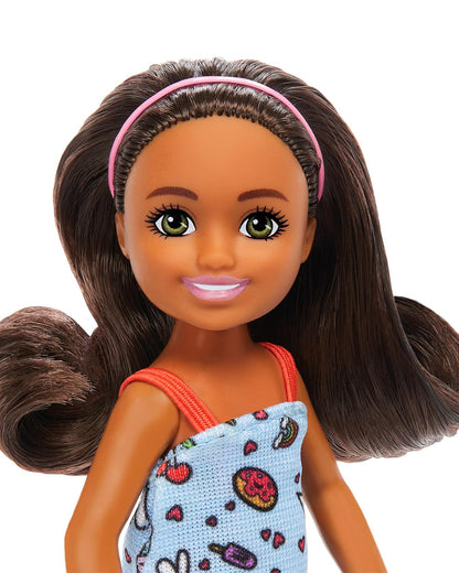Barbie Chelsea Doll Wearing Removable Blue Dress with Colorful Print & Pink Shoes Brown Hair & Green Eyes-Promotes Role Play-Doll & Doll Houses-12M+