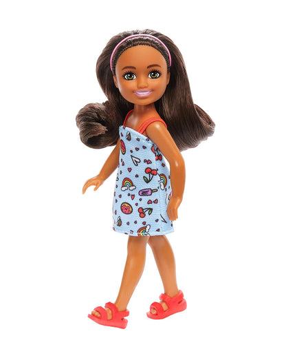 Barbie Chelsea Doll Wearing Removable Blue Dress with Colorful Print & Pink Shoes Brown Hair & Green Eyes-Promotes Role Play-Doll & Doll Houses-12M+