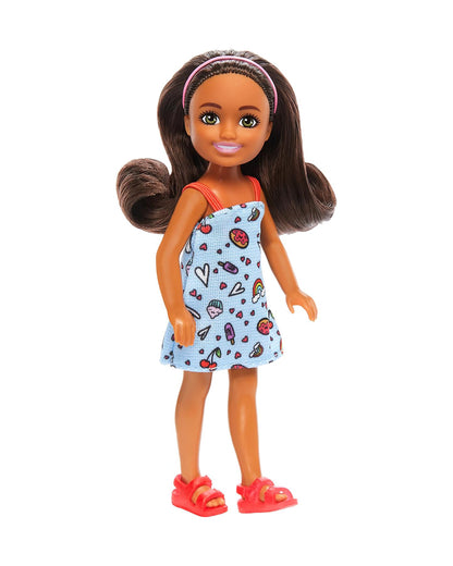 Barbie Chelsea Doll Wearing Removable Blue Dress with Colorful Print & Pink Shoes Brown Hair & Green Eyes-Promotes Role Play-Doll & Doll Houses-12M+