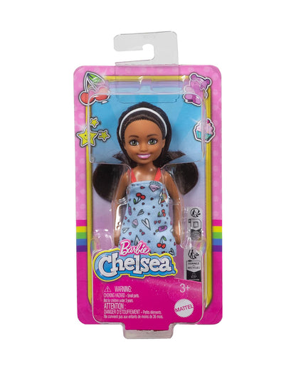 Barbie Chelsea Doll Wearing Removable Blue Dress with Colorful Print & Pink Shoes Brown Hair & Green Eyes-Promotes Role Play-Doll & Doll Houses-12M+