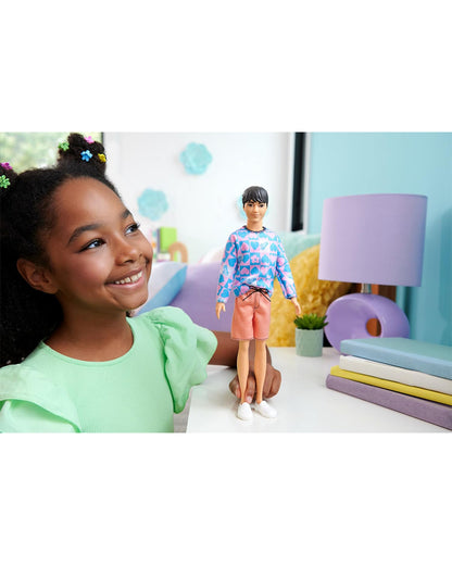 Barbie Ken Fashionistas Doll with Slender Body Wearing a Removable Long Sleeve Pink & Blue Patterned Shirt & Pink Shorts-Promotes Role Play-Doll & Doll Houses-12M+