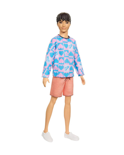 Barbie Ken Fashionistas Doll with Slender Body Wearing a Removable Long Sleeve Pink & Blue Patterned Shirt & Pink Shorts-Promotes Role Play-Doll & Doll Houses-12M+