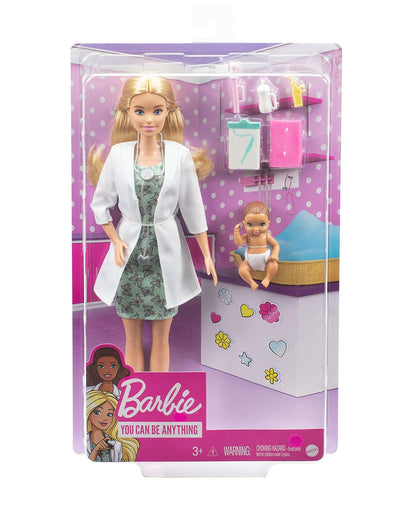 Barbie Baby Doctor Playset-Includes 12 Inch Blonde Doll, Infant Doll, Stethoscope, Thermometer, Oscilloscope, Chart, Blanket & Baby Bottle-Promotes Role Play-Doll & Doll Houses-12M+