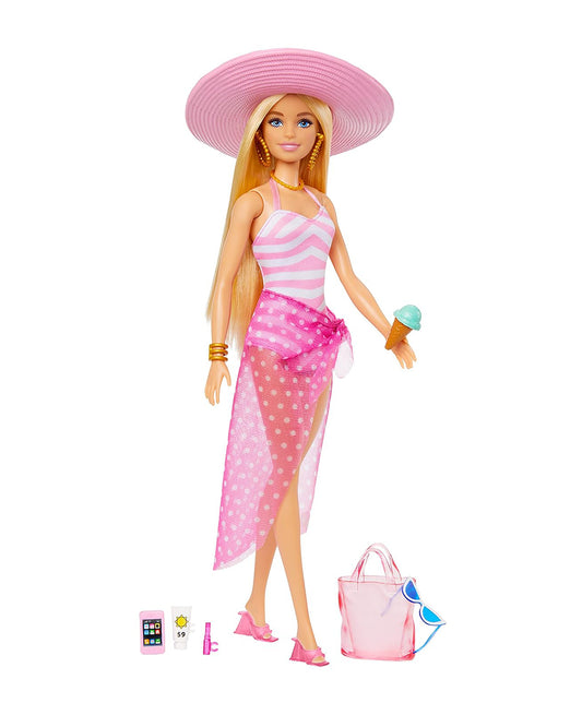 Barbie Blonde Doll with Pink and White Swimsuit-Includes Sun Hat, Tote Bag & Beach Themed Accessories-Promotes Role Play-Doll & Doll Houses-12M+