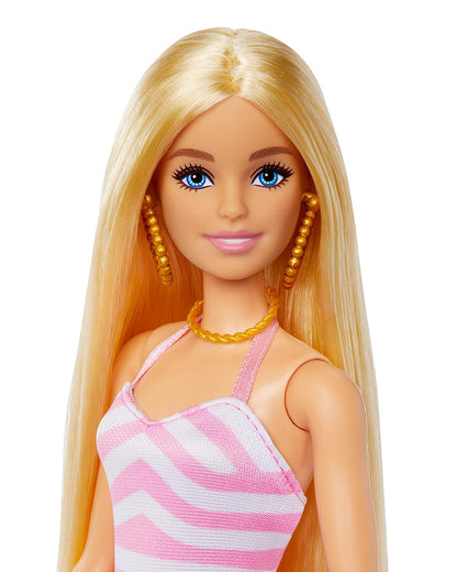 Barbie Blonde Doll with Pink and White Swimsuit-Includes Sun Hat, Tote Bag & Beach Themed Accessories-Promotes Role Play-Doll & Doll Houses-12M+