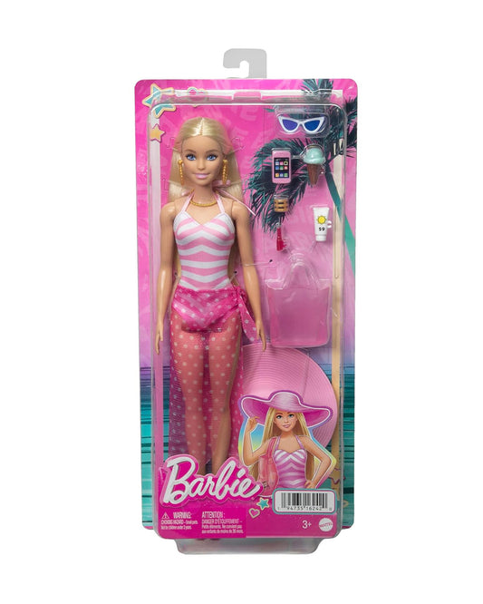 Barbie Blonde Doll with Pink and White Swimsuit-Includes Sun Hat, Tote Bag & Beach Themed Accessories-Promotes Role Play-Doll & Doll Houses-12M+
