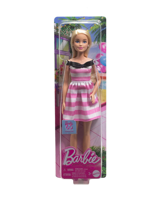 Barbie 65th Anniversary Commemorative Doll with Blonde Hair Pink and White Striped Dress with Matching Heels-Promotes Role Play-Doll & Doll Houses-12M+