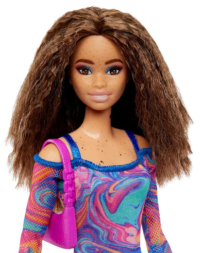 Barbie Fashionistas Doll with Crimped Hair and Freckles Wearing Rainbow Marble Print Dress with Green Mules and Purse-Promotes Role Play-Doll & Doll Houses-12M+