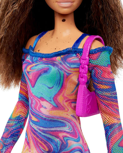 Barbie Fashionistas Doll with Crimped Hair and Freckles Wearing Rainbow Marble Print Dress with Green Mules and Purse-Promotes Role Play-Doll & Doll Houses-12M+
