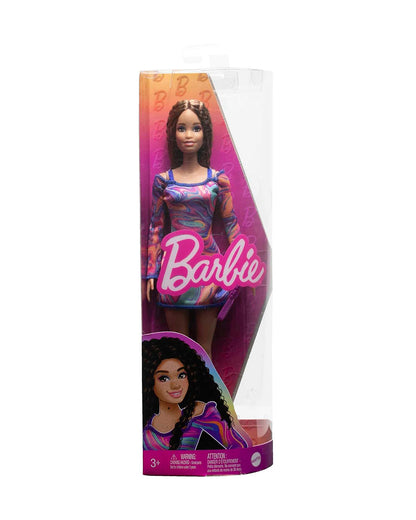 Barbie Fashionistas Doll with Crimped Hair and Freckles Wearing Rainbow Marble Print Dress with Green Mules and Purse-Promotes Role Play-Doll & Doll Houses-12M+