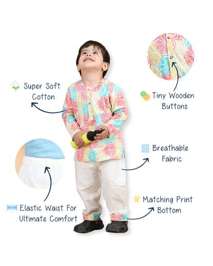 Polka Tots Multicolor-Kurta Set-Lemon Print-Cotton-For Infants