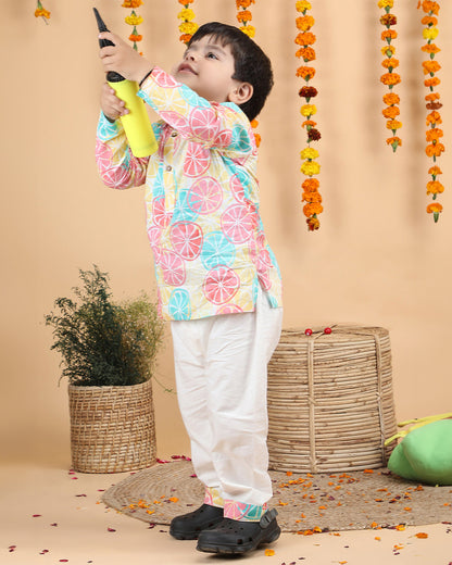 Polka Tots Multicolor-Kurta Set-Lemon Print-Cotton-For Infants