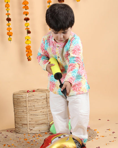 Polka Tots Multicolor-Kurta Set-Lemon Print-Cotton-For Infants