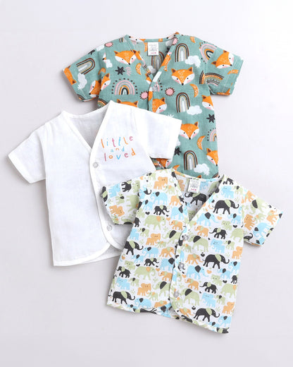 Polka Tots Multicolor-Jhabla-Fox, Elephant and Little Loved Print-Cotton-Pack of 3-For Infants