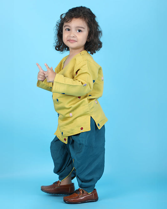 Polka Tots Olive Green & Blue-Angrakha Set-Flower Embroidered-Silk-For Infants