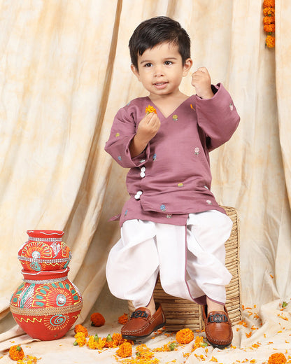 Polka Tots Burgundy & White-Angrakha Set-Flower Embroidered-Silk-For Infants