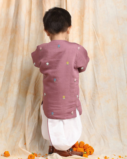 Polka Tots Burgundy & White-Angrakha Set-Flower Embroidered-Silk-For Infants