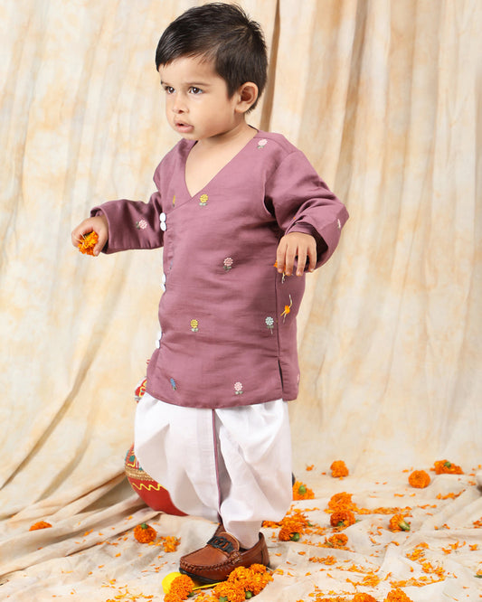 Polka Tots Burgundy & White-Angrakha Set-Flower Embroidered-Silk-For Infants
