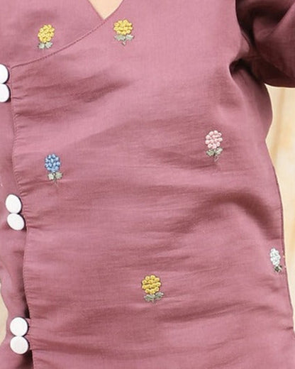 Polka Tots Burgundy & White-Angrakha Set-Flower Embroidered-Silk-For Infants