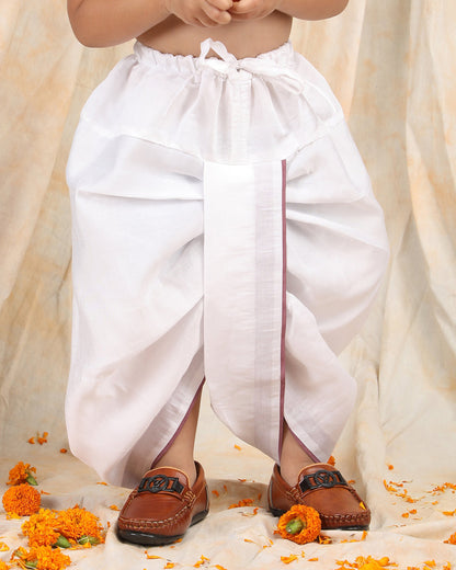 Polka Tots Burgundy & White-Angrakha Set-Flower Embroidered-Silk-For Infants