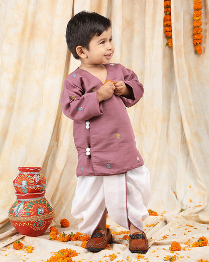 Polka Tots Burgundy & White-Angrakha Set-Flower Embroidered-Silk-For Infants