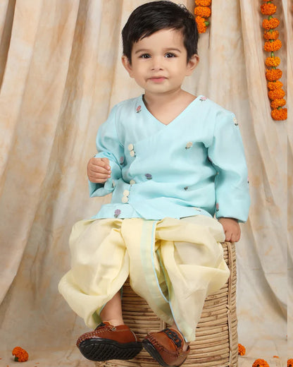 Polka Tots Light Blue & Cream-Angrakha Set-Flower Embroidered-Silk-For Infants