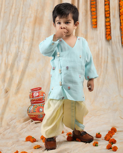 Polka Tots Light Blue & Cream-Angrakha Set-Flower Embroidered-Silk-For Infants