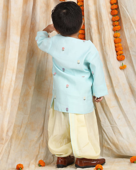 Polka Tots Light Blue & Cream-Angrakha Set-Flower Embroidered-Silk-For Infants