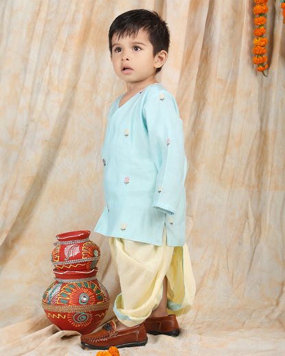 Polka Tots Light Blue & Cream-Angrakha Set-Flower Embroidered-Silk-For Infants