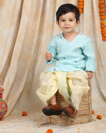 Polka Tots Light Blue & Cream-Angrakha Set-Flower Embroidered-Silk-For Infants