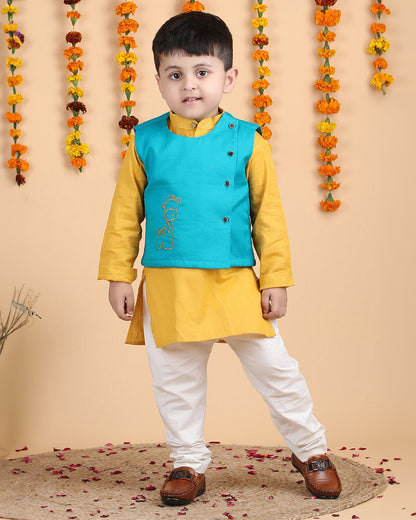 Polka Tots Yellow, Blue & White-Kurta Jacket Set-Solid-Cotton-For Infants