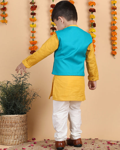 Polka Tots Yellow, Blue & White-Kurta Jacket Set-Solid-Cotton-For Infants