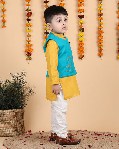 Polka Tots Yellow, Blue & White-Kurta Jacket Set-Solid-Cotton-For Infants