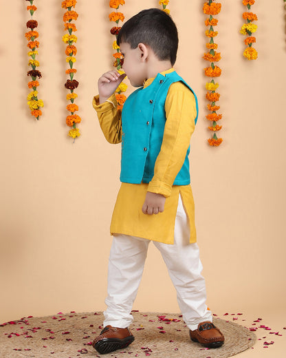 Polka Tots Yellow, Blue & White-Kurta Jacket Set-Solid-Cotton-For Infants