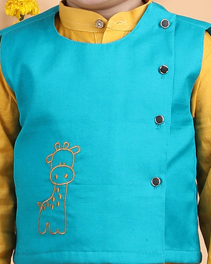 Polka Tots Yellow, Blue & White-Kurta Jacket Set-Solid-Cotton-For Infants