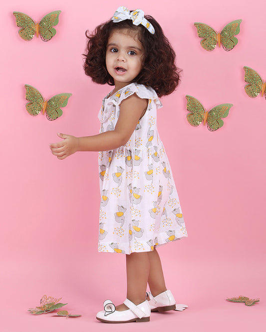 Polka Tots White Frock Dress-Elephant Print-Cotton Muslin-For Infants