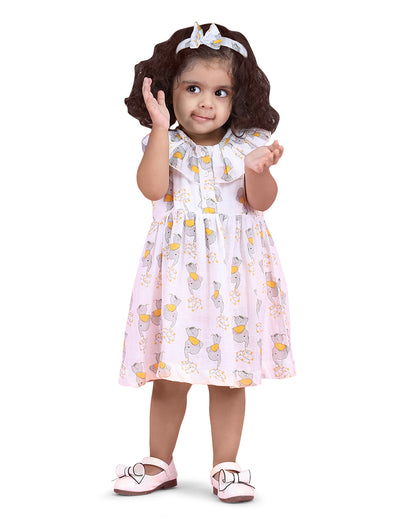 Polka Tots White Frock Dress-Elephant Print-Cotton Muslin-For Infants