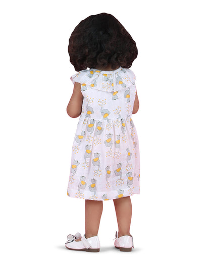 Polka Tots White Frock Dress-Elephant Print-Cotton Muslin-For Infants