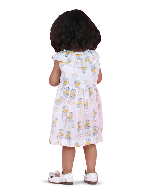 Polka Tots White Frock Dress-Elephant Print-Cotton Muslin-For Infants