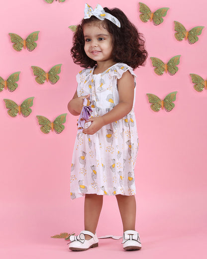 Polka Tots White Frock Dress-Elephant Print-Cotton Muslin-For Infants