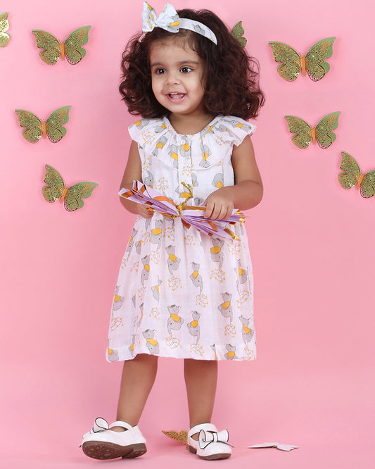 Polka Tots White Frock Dress-Elephant Print-Cotton Muslin-For Infants
