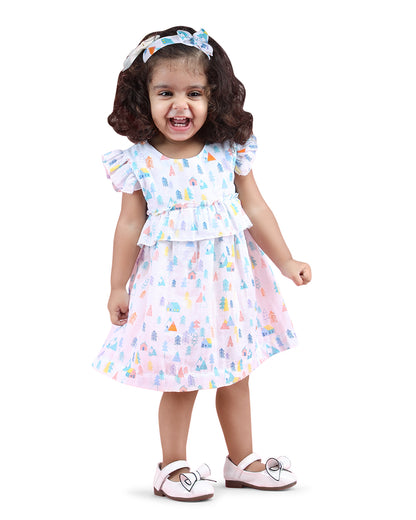 Polka Tots White Frock Dress-Tiny Town Print-Cotton Muslin-For Infants