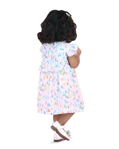 Polka Tots White Frock Dress-Tiny Town Print-Cotton Muslin-For Infants