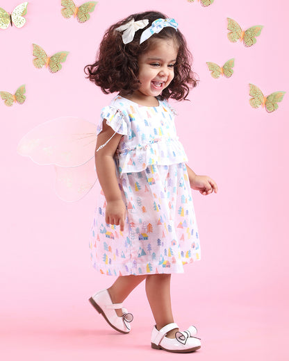 Polka Tots White Frock Dress-Tiny Town Print-Cotton Muslin-For Infants