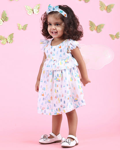 Polka Tots White Frock Dress-Tiny Town Print-Cotton Muslin-For Infants